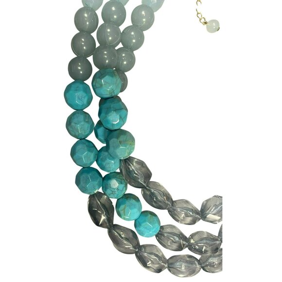 Three Stranded Chunky Aqua & Gray Beaded Necklace With 18 inch with Extender - Picture 2 of 5